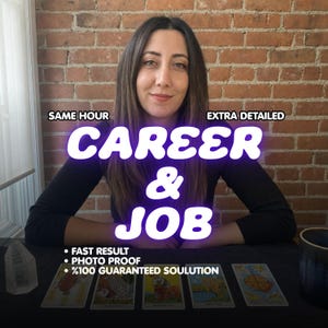 May include: A person sits behind five tarot cards laid out on a black surface. Text overlays read: SAME HOUR, EXTRA DETAILED, CAREER & JOB, FAST RESULT, PHOTO PROOF, and %100 GUARANTEED SOULUTION. A clear crystal point sits to the left.