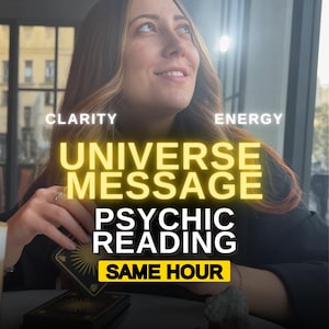 May include: Image features a woman looking upward with text overlay: "Clarity, Energy, Universe Message, Psychic Reading, Same Hour." The woman is holding tarot cards. The image has a soft, warm tone.