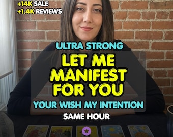 May include: Five tarot cards are arranged in a row on a black surface. Text overlay reads: +14K SALE +1.4K REVIEWS, ULTRA STRONG, LET ME MANIFEST FOR YOU, YOUR WISH MY INTENTION, SAME HOUR, and ETSY STAR SELLER. A person is positioned behind the cards.
