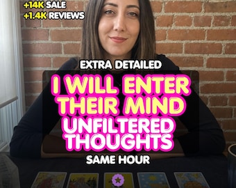 May include: A digital graphic featuring a person behind five tarot cards laid out on a table. Text overlays include +14K SALE, +1.4K REVIEWS, EXTRA DETAILED, I WILL ENTER THEIR MIND UNFILTERED THOUGHTS, SAME HOUR, and an ETSY STAR SELLER badge.