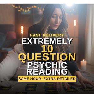 May include: An image advertising a psychic reading service. The text reads "FAST DELIVERY EXTREMELY 10 QUESTION PSYCHIC READING SAME HOUR- EXTRA DETAILED". A woman is seen with cards, candles, and decorative lights in the background.