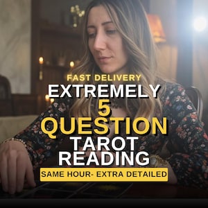 Puede incluir: Imagen de una mujer con cabello largo y rubio, con texto superpuesto. El texto dice "FAST DELIVERY EXTREMELY 5 QUESTION TAROT READING SAME HOUR- EXTRA DETAILED". La mujer está mirando cartas del tarot.