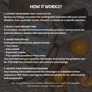 Puede incluir: Imagen con texto que explica c&oacute;mo recibir una lectura personalizada. Los pasos son: elegir una lectura, seleccionar el tiempo de entrega, compartir detalles y recibir la lectura a trav&eacute;s de mensajes de Etsy. Fondo neutro.