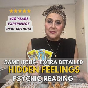May include: A woman holding tarot cards, with text overlay: "+20 YEARS EXPERIENCE REAL MEDIUM." Additional text reads "SAME HOUR- EXTRA DETAILED HIDDEN FEELINGS PSYCHIC READING."