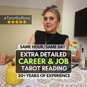 May include: A person wearing a black top and a leopard print headscarf holds a tarot card. Text overlays read @TarotbyNora, SAME HOUR/SAME DAY, EXTRA DETAILED CAREER & JOB TAROT READING, and 20+ YEARS OF EXPERIENCE, accompanied by five yellow stars.