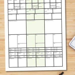 May include: A white medical chart with black grid lines and text, designed for patient information. The chart includes sections for vital signs, medications, and notes. A pen and a keyboard are visible in the background.