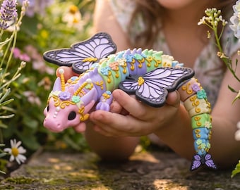 Dragão Borboleta Floral STL e 3MF | Arquivo para Impressão 3D de Dragão Borboleta Articulado e Flexível | Dragão Fantasia para Impressão Direta | Brinquedo Flexível Fofo