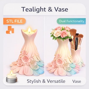Puede incluir: Un jarr&oacute;n decorativo de color pastel con un dise&ntilde;o &uacute;nico, que presenta una vela y flores. El jarr&oacute;n tiene una base acampanada con detalles de rosas y un dise&ntilde;o en capas, similar a un p&eacute;talo. Tambi&eacute;n se incluye el texto "Tealight & Vase" y "Stylish & Versatile".