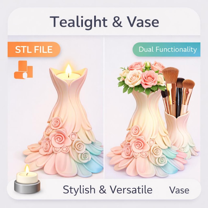 Puede incluir: Un jarr&oacute;n decorativo de color pastel con un dise&ntilde;o &uacute;nico, que presenta una vela y flores. El jarr&oacute;n tiene una base acampanada con detalles de rosas y un dise&ntilde;o en capas, similar a un p&eacute;talo. Tambi&eacute;n se incluye el texto "Tealight & Vase" y "Stylish & Versatile".