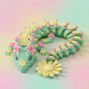 Kwiatowy smok przegubowy STL | Elastyczny smok drukowany w 3D | Urocze prezenty w kształcie kwiatowego smoka | Plik 3MF z kwiatowym smokiem | Zwierzak na biurko do druku 3D