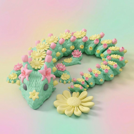 Flower Articulated Dragon STL | Flexi 3D Printed Dragon | Cute Floral Dragon Gifts | Floral Dragon 3MF File | 3D Printing Desk Pet