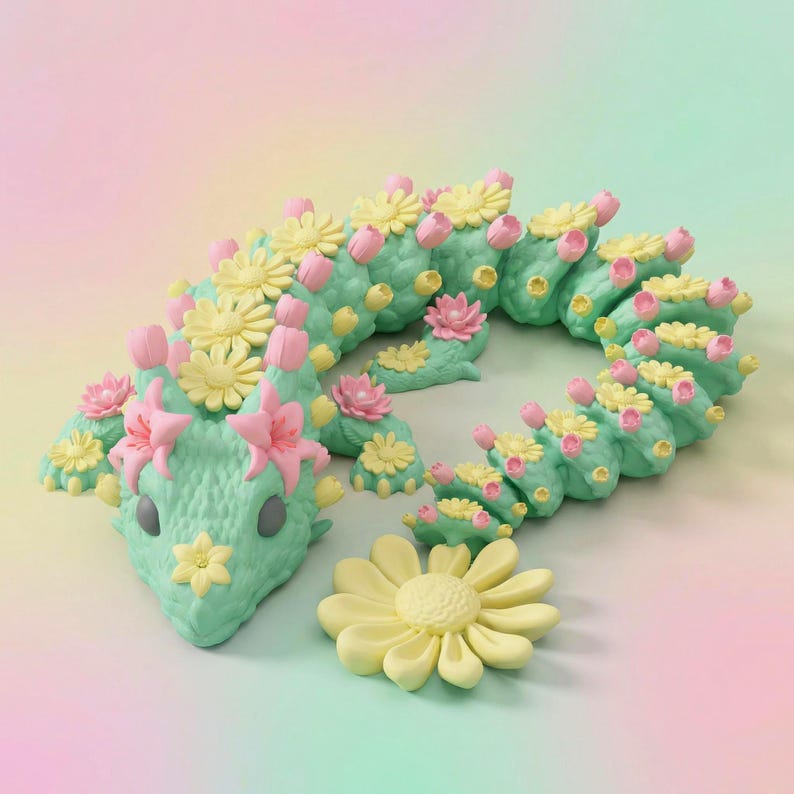 Flower Articulated Dragon STL | Flexi 3D Printed Dragon | Cute Floral Dragon Gifts | Floral Dragon 3MF File | 3D Printing Desk Pet image 1
