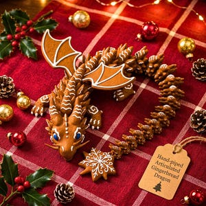 May include: A brown gingerbread dragon with white icing details, featuring articulated segments, two wings, and a star-shaped tail tip. A tan paper tag attached to the dragon reads: Hand-piped Articulated Gingerbread Dragon with a small tree icon.
