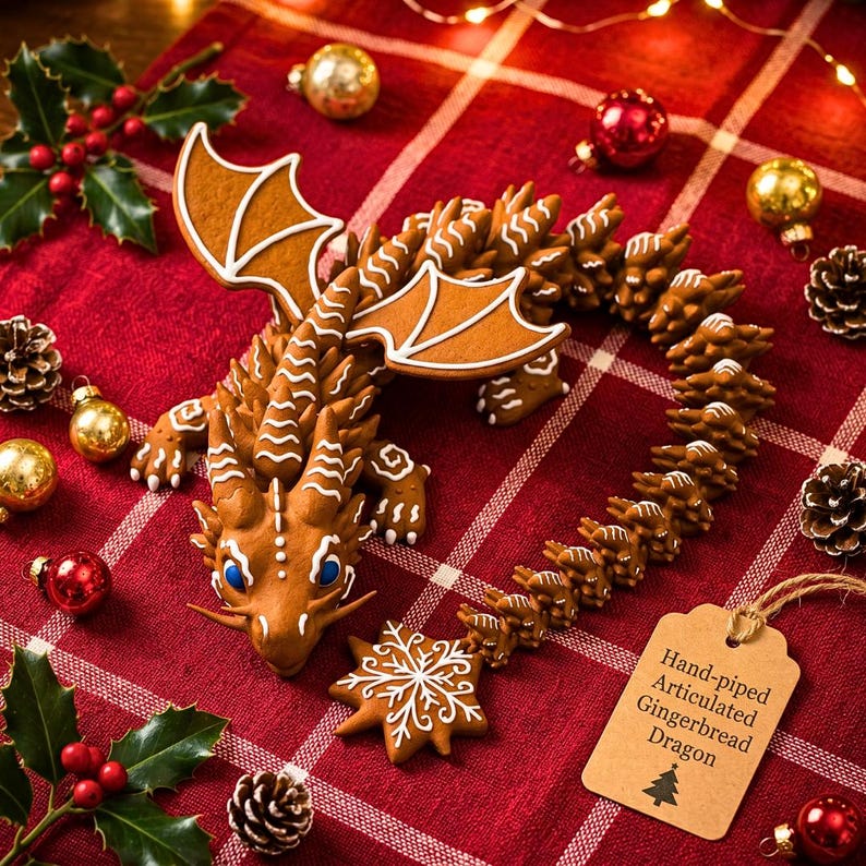 May include: A brown gingerbread dragon with white icing details, featuring articulated segments, two wings, and a star-shaped tail tip. A tan paper tag attached to the dragon reads: Hand-piped Articulated Gingerbread Dragon with a small tree icon.