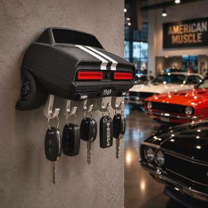 May include: A black wall-mounted key holder shaped like the rear of a 1969 muscle car, featuring white racing stripes, red taillights, and a license plate reading 1969. It includes five silver metal hooks, each holding a car key fob.