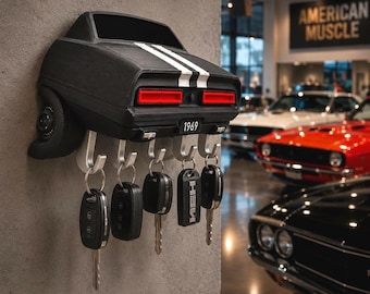 Porta-chaves clássico para muscle car em STL e 3MF | Suporte de parede para garagem de carros clássicos | Organizador de parede decorativo | Presente impresso em 3D para amantes de carros