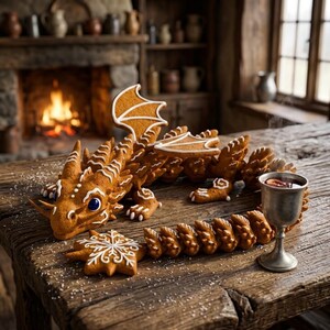 May include: A gingerbread dragon sculpture with white icing details, featuring a long segmented body, wings, and a star-shaped cookie. A silver metal goblet filled with a dark liquid sits on a rustic wooden table with scattered sugar.