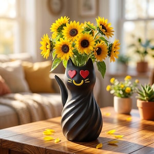May include: A black cat-shaped vase with red heart eyes and a yellow smiling mouth, holding a bouquet of bright yellow sunflowers. The vase sits on a wooden table, with scattered petals.