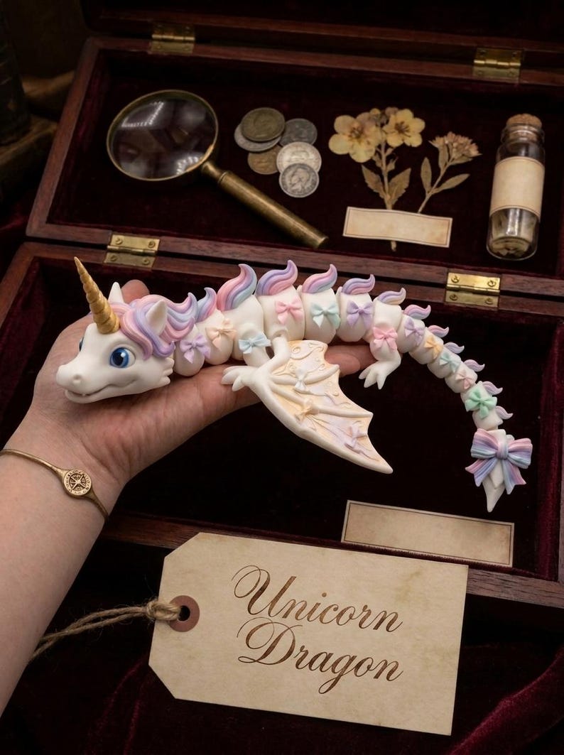 May include: A white articulated dragon figurine with a gold horn, pastel-colored mane, and small bows along its body. The dragon features wings and a long, segmented tail. A beige tag attached to the figure displays the text Unicorn Dragon.