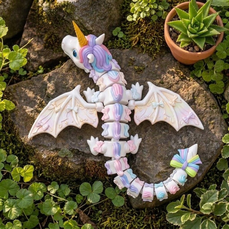Cute kawaii Rainbow Unicorn Dragon 3D print featuring flexible body, rainbow mane, unicorn horn, and decorative bows.