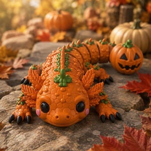 May include: An orange articulated axolotl figure with a textured honeycomb pattern, green stem-like spikes along its back, and black eyes. The creature features small pink cheek spots and black claws, positioned next to a small carved jack-o'-lantern.