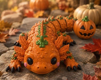 Dragão Axolote Abóbora STL e 3MF | Dragão Articulado e Flexível de Halloween | Impressão 3D de Abóbora de Halloween | Decoração Fofa de Halloween