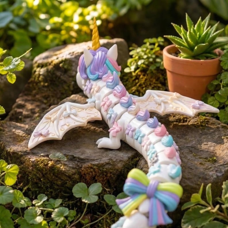 Flexible Rainbow Unicorn Dragon STL showing smooth articulated movement and detailed flower decorations.