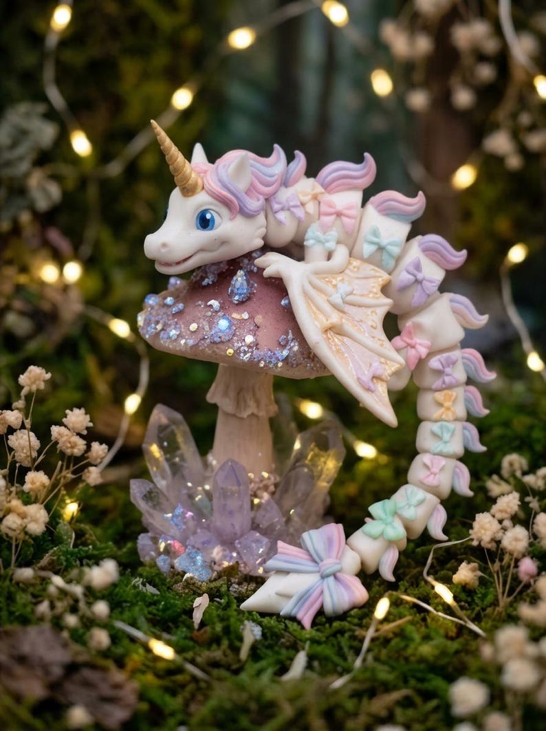 May include: A white unicorn dragon hybrid figurine with pastel pink, blue, and purple hair and bows, featuring a gold horn and wings. The creature rests on a glittery mushroom cap surrounded by purple crystals, showcasing a segmented tail.