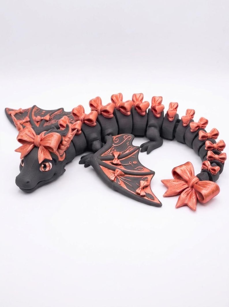 Bow Articulated Dragon STL & 3MF | Cute Flexi Dragon | Coquette Dragon STL File | Print in Place | Fantasy Dragon Toy image 2