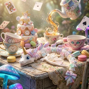 May include: A whimsical tea party scene featuring a floral teapot pouring tea into a cup, a tiered cake decorated with clocks, a long unicorn figurine with pastel bows, various macarons, and floating playing cards above a wooden table.