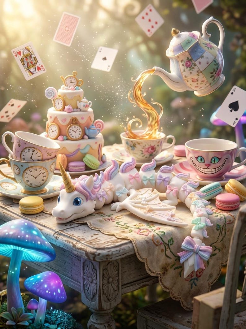 May include: A whimsical tea party scene featuring a floral teapot pouring tea into a cup, a tiered cake decorated with clocks, a long unicorn figurine with pastel bows, various macarons, and floating playing cards above a wooden table.