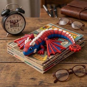 May include: A red and blue articulated dragon figure with a web-like pattern, white spikes along its back, and a circular tail tip featuring a black spider emblem. The dragon is positioned on a stack of comic books next to a black alarm clock.