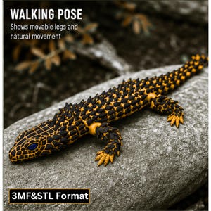 May include: A black and yellow articulated lizard figurine with a textured, spiky back and blue eyes. Text on the image reads: WALKING POSE Shows movable legs and natural movement and 3MF&STL Format. The lizard features a grid-like pattern.