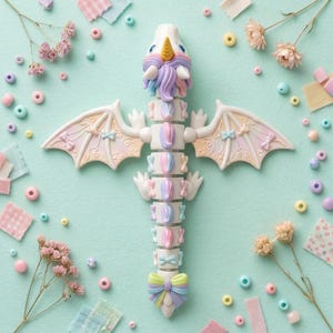 May include: A white articulated dragon figurine featuring a yellow horn, pastel purple and pink mane, and wings decorated with small bows. The dragon has a segmented body with alternating pastel-colored spikes and a large bow at the tail tip.