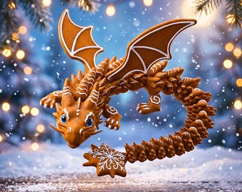 Gingerbread Articulated Dragon STL | Flexi 3D Printed Dragon 3MF File | Flexi Christmas Dragon STL & 3MF | 3D Printing Desk Pet