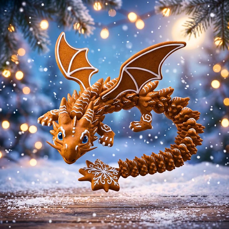 Gingerbread Flexi Dragon STL & 3MF | Articulated Print in Place Christmas Dragon | Flexi Christmas Dragon STL File | Flexible Desk Pet image 10