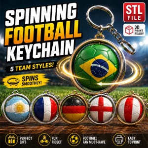 May include: A spinning football keychain with five team styles. The keychains feature a soccer ball design with team flags, including Brazil, Argentina, France, Germany, and England. The text reads "SPINNING FOOTBALL KEYCHAIN" and "5 TEAM STYLES!"