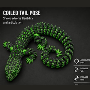 May include: An articulated lizard figurine in black and bright green with a coiled tail. Text reads: COILED TAIL POSE, Shows extreme flexibility and articulation, ARTICULATED BODY, BENDABLE TAIL, POSEABLE LEGS. The lizard features a textured, scaly surface.