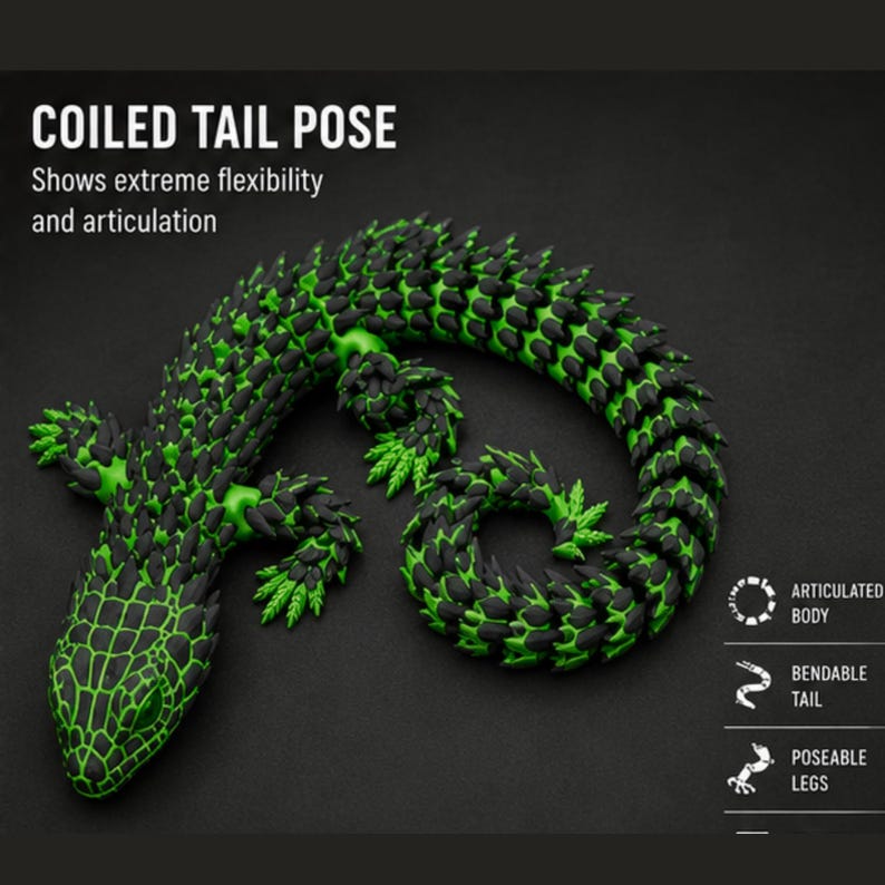 May include: An articulated lizard figurine in black and bright green with a coiled tail. Text reads: COILED TAIL POSE, Shows extreme flexibility and articulation, ARTICULATED BODY, BENDABLE TAIL, POSEABLE LEGS. The lizard features a textured, scaly surface.