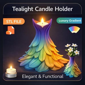 Może przedstawiać: Świecznik na tealighty z luksusowym gradientem. Uchwyt ma kształt stylizowanego kwiatu, z tęczą kolor&oacute;w. Widoczny jest tekst "Tealight Candle Holder", "STL FILE", "Luxury Gradient" i "Elegant & Functional".