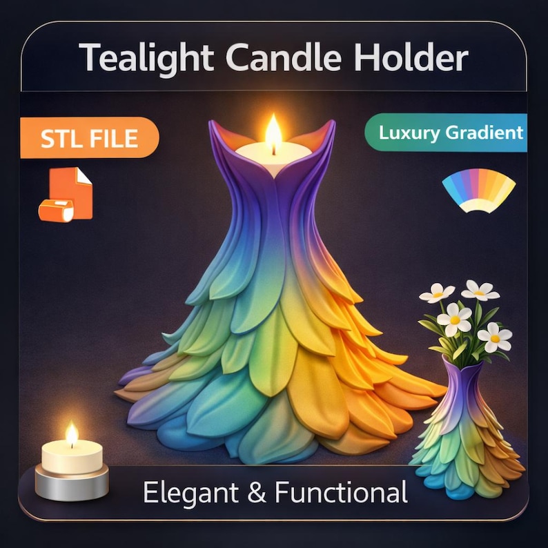 Może przedstawiać: Świecznik na tealighty z luksusowym gradientem. Uchwyt ma kształt stylizowanego kwiatu, z tęczą kolor&oacute;w. Widoczny jest tekst "Tealight Candle Holder", "STL FILE", "Luxury Gradient" i "Elegant & Functional".