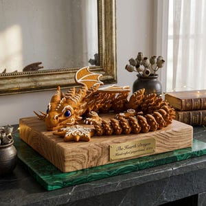 May include: A gingerbread dragon sculpture with white icing details and blue eyes, resting on a wooden block with a brass plaque reading The Hearth Dragon - Handcrafted gingerbread, 2024. A snowflake-shaped cookie sits beside the dragon.