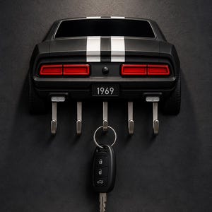 May include: A black wall-mounted key holder shaped like the rear of a 1969 muscle car, featuring two white racing stripes, red taillights, and a license plate reading 1969. It includes five silver metal hooks, with one car key fob attached.