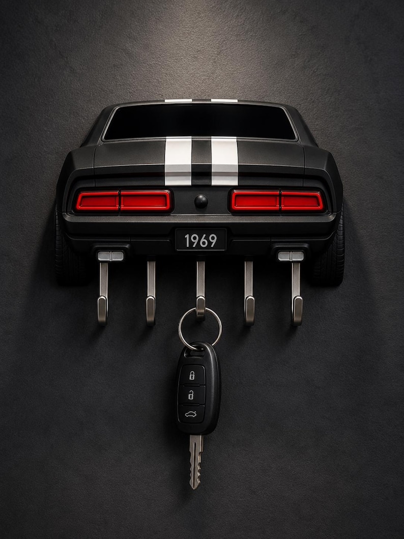 May include: A black wall-mounted key holder shaped like the rear of a 1969 muscle car, featuring two white racing stripes, red taillights, and a license plate reading 1969. It includes five silver metal hooks, with one car key fob attached.