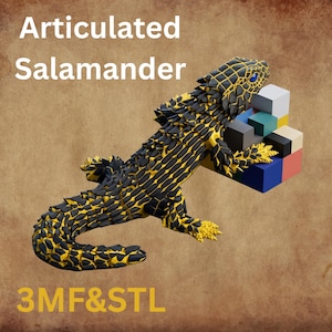 May include: An articulated salamander figurine with a black and yellow textured body, featuring a blue eye, holding a cluster of small, multi-colored geometric cubes. The text Articulated Salamander and 3MF&STL are visible on the image.