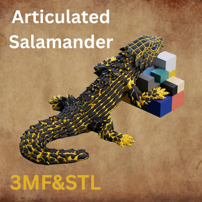 May include: An articulated salamander figurine with a black and yellow textured body, featuring a blue eye, holding a cluster of small, multi-colored geometric cubes. The text Articulated Salamander and 3MF&STL are visible on the image.