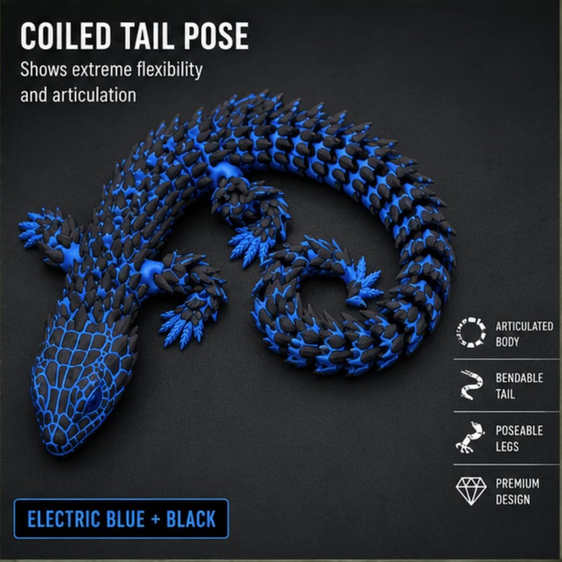 May include: An articulated lizard figurine in electric blue and black with a coiled tail. Text includes COILED TAIL POSE, Shows extreme flexibility and articulation, ARTICULATED BODY, BENDABLE TAIL, POSEABLE LEGS, PREMIUM DESIGN, and ELECTRIC BLUE + BLACK.