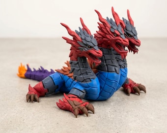 Dragão Hidra Articulado STL/3MF | Monstro Flexível de Três Cabeças Impresso em 3D | Miniatura de Brinquedo para Crianças de D&D | Dragão Godzilla Flexível | Presente Fantástico