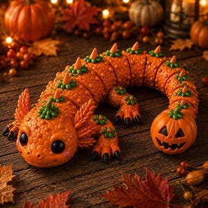 May include: An orange articulated axolotl figure with a textured, honeycomb-like skin pattern. The creature features green pumpkin-stem accents along its back, small orange spikes, and a carved jack-o'-lantern pumpkin head at the end of its tail.