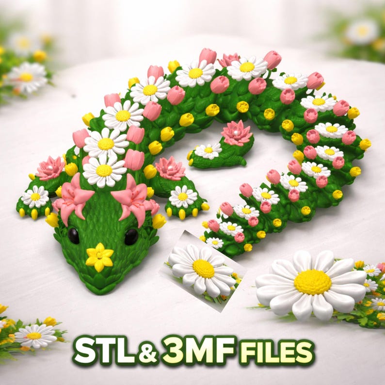 Flower Articulated Dragon STL | Flexi 3D Printed Dragon | Cute Floral Dragon Gifts | Floral Dragon 3MF File | 3D Printing Desk Pet image 4